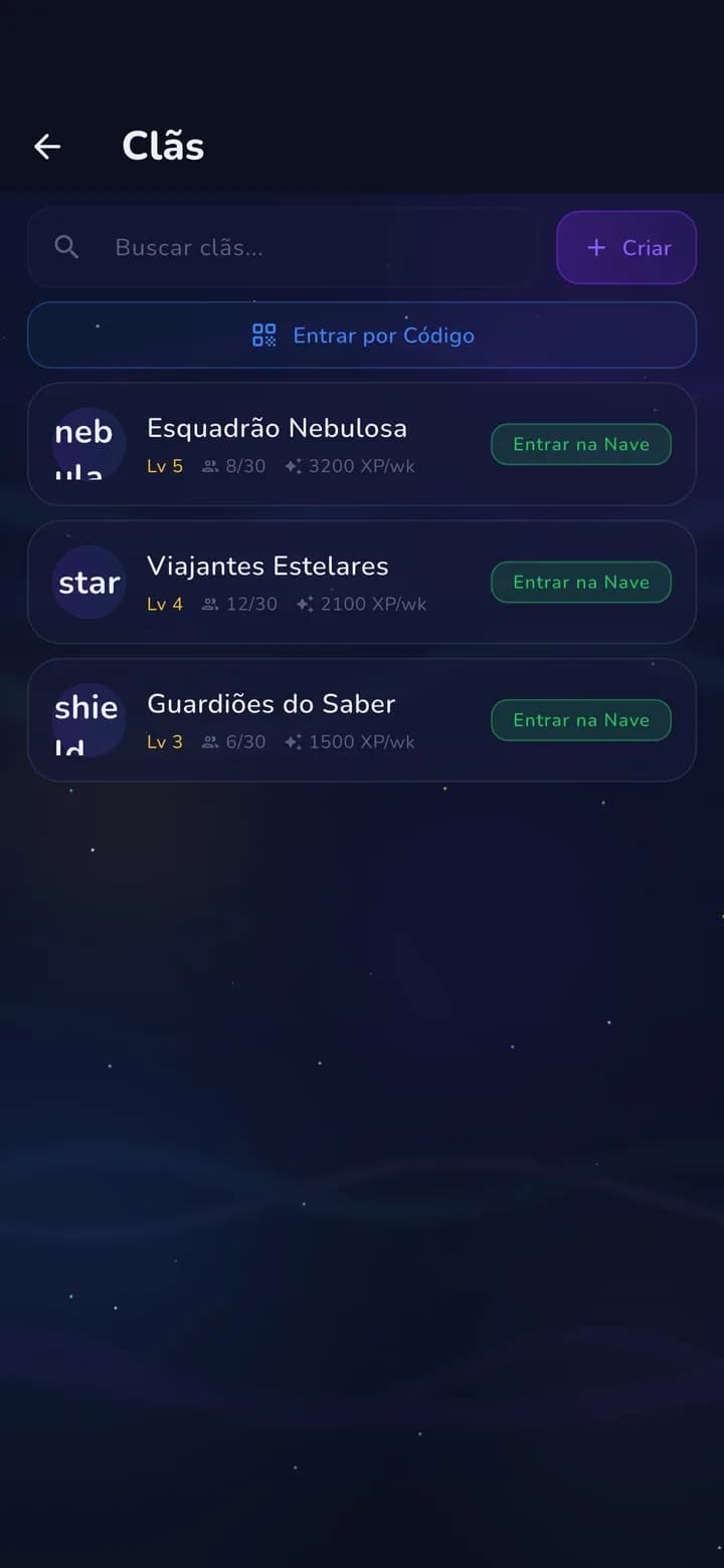 Lista de clãs do Kosmyn com opções para entrar em um time