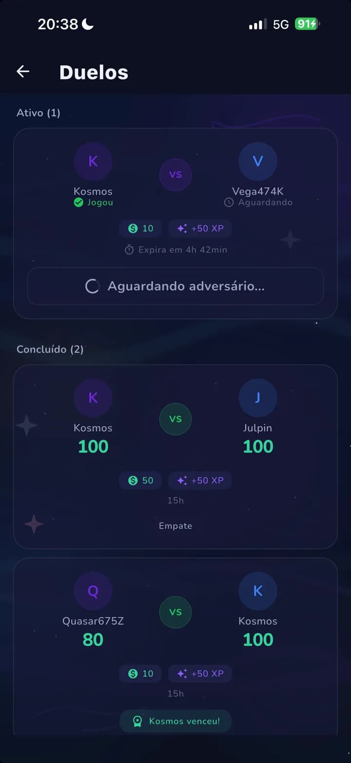 Tela de duelos do Kosmyn com partidas ativas e concluídas