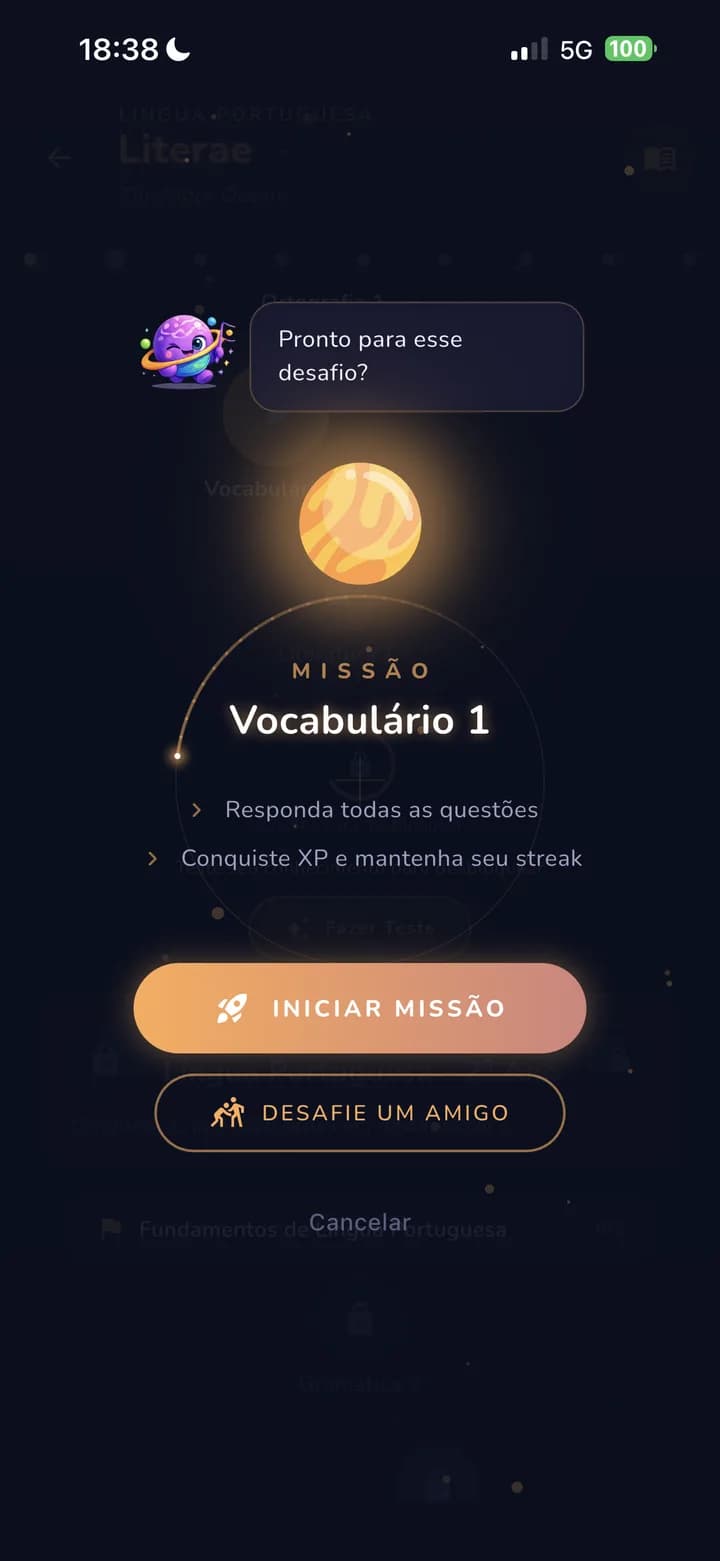 Briefing de missão do Kosmyn com botão para iniciar atividade