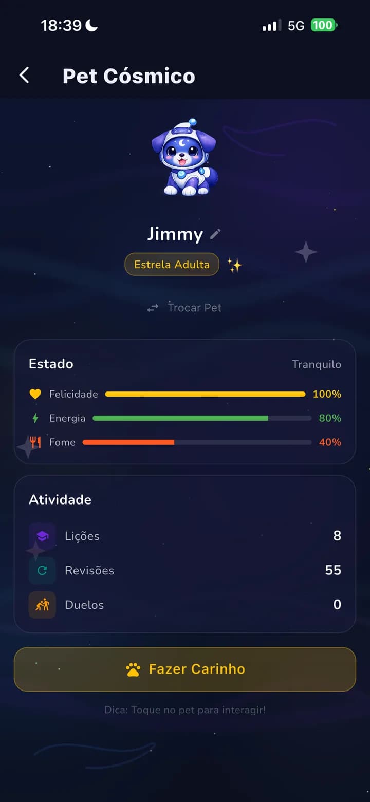 Tela de pet cósmico do Kosmyn com estado e atividade