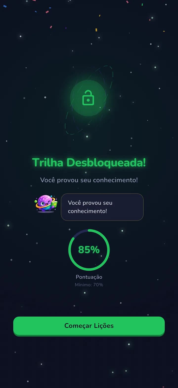 Resultado de teste de desbloqueio de trilha no app Kosmyn