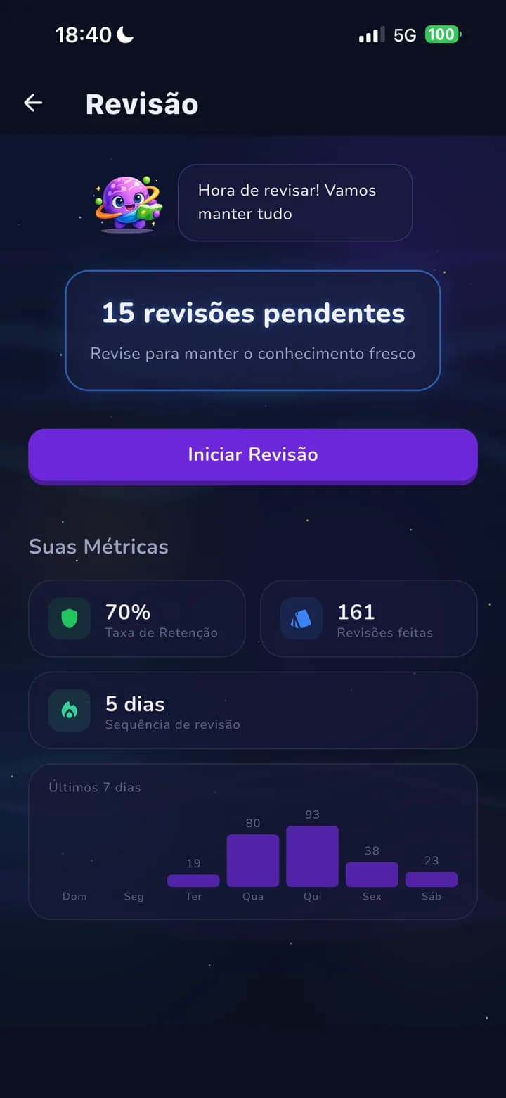 Tela de revisão do Kosmyn com revisões pendentes e métricas